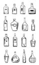 Vector outline hand drawn illustration set with different alcohol bottles